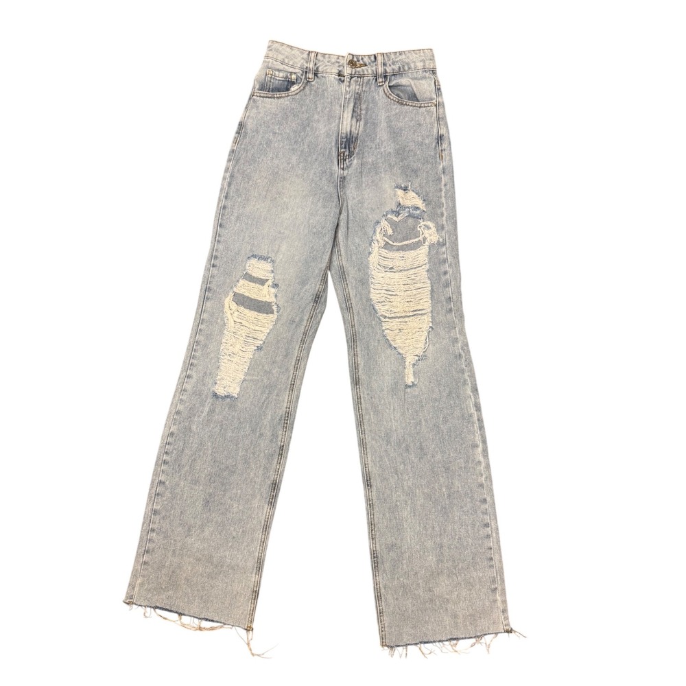 Boohoo High Waisted Extreme Ripped Wide Leg Jeans Light‎ Wash Distressed Denim